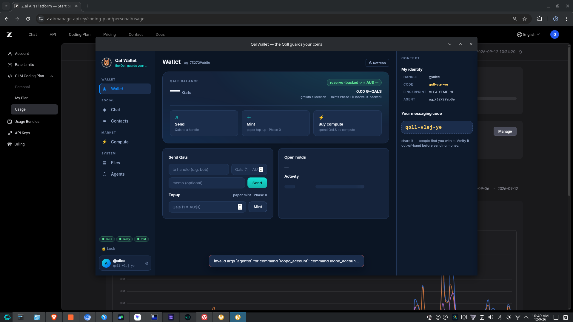 Qal Wallet — live balances, chat and compute panels
